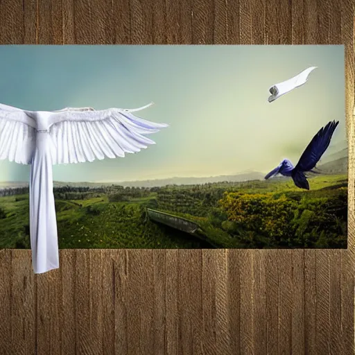 Image similar to toilet paper with long wingspan majestic flying over beautiful medieval background