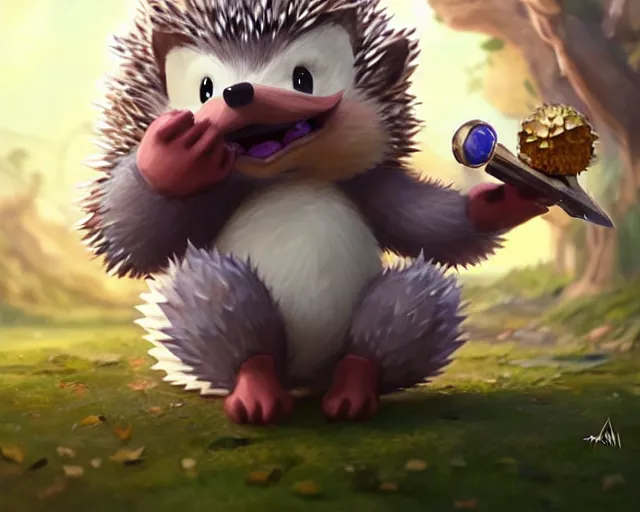 Prompt: a super cute anthropomorphic hedgehog from final fantasy, outside a big pokemon sword and shield school, deep focus, d & d, fantasy, intricate, elegant, highly detailed, digital painting, artstation, concept art, matte, sharp focus, illustration, hearthstone, art by artgerm and greg rutkowski and alphonse mucha