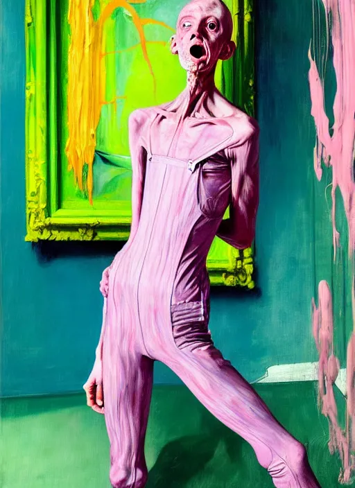 Prompt: an insane, skinny, artist wearing overalls, expressive painting the walls inside a grand messy studio, hauntingly surreal, highly detailed painting by francis bacon, edward hopper, adrian ghenie, gerhard richter, and james jean, soft light 4 k in pink, green and blue colour palette