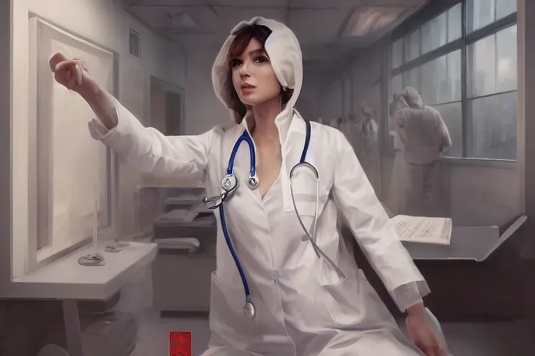 Image similar to a poster of emergency room, an elegant and beautiful female doctor in a white coat in a hospital ward, cinematic, highly detailed, digital painting, artstation, concept art, matte, sharp focus, illustration, art by artgerm and greg rutkowski