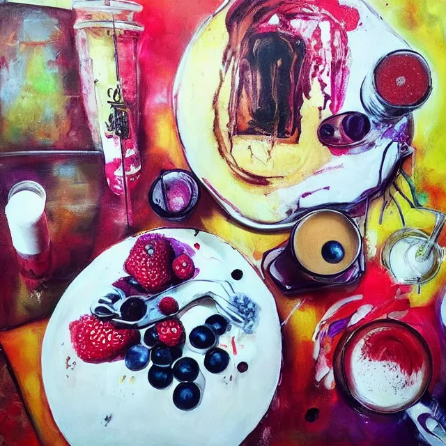 Image similar to “ sensual, neo - expressionism, surrealism, a portrait in a female art student ’ s apartment, pancakes, iced latte, berries, art supplies, a candle dripping white wax, berry juice drips, acrylic and spray paint and oilstick on canvas ”