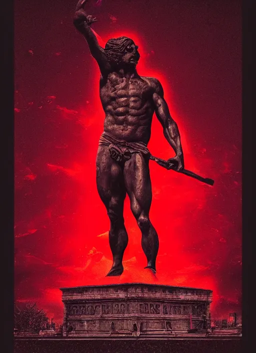 Image similar to dark design poster showing a statue of hercules, black background with very subtle red and purple design elements, powerful, nekro, vito acconci, thin straight lines, dark, glitch art, neo vaporwave, gritty, layout frame, square, trending on artstation