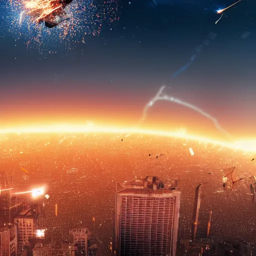 Image similar to meteorites striking the city, annihilating it, 4 k highly detailed