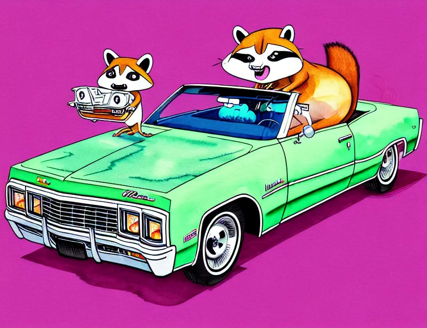 Prompt: cute and funny, racoon riding in a 1 9 6 9 chevrolet impala convertible, ratfink style by ed roth, centered award winning watercolor pen illustration, isometric illustration by chihiro iwasaki, edited by range murata, tiny details by artgerm and watercolor girl, symmetrically isometrically centered