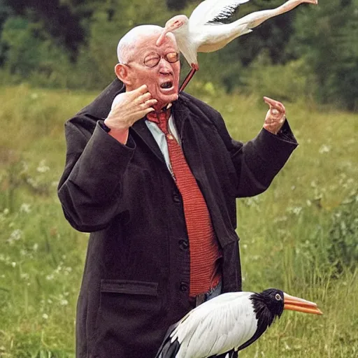 Prompt: an old man arguing with a stork, the stork is winning, stork is shouting at the old man, award-winning photograph, national geographic, trending on Facebook