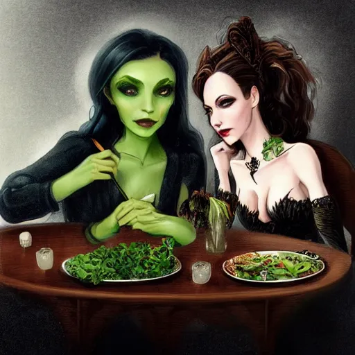 Image similar to a beautiful picture of doctor poison ivy professor of botany and doctor liliana onyx professor of demonology having lunch, academic clothing, dark eyeliner, intricate, elegant, highly detailed, digital painting, artstation, concept art, matte, sharp focus, illustration, art in a baroque style