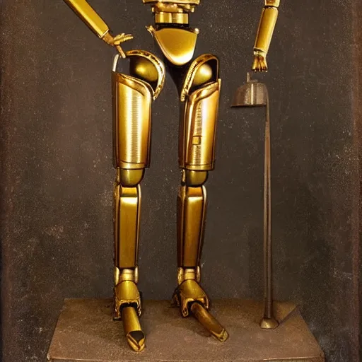 Image similar to humanoid robot, ancient greek humanoid robot, bronze robot, sleek robot, ancient alexandria, heron of alexandria working on robot, tintype photograph