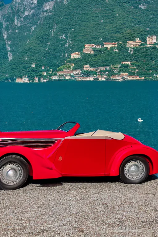 Prompt: Photo of a red 1939 Delahaye parked on a dock with Lake Como in the background, wide shot, daylight, blue sky, summer, dramatic lighting, award winning, highly detailed, 1980s, luxury lifestyle, fine art print, best selling.