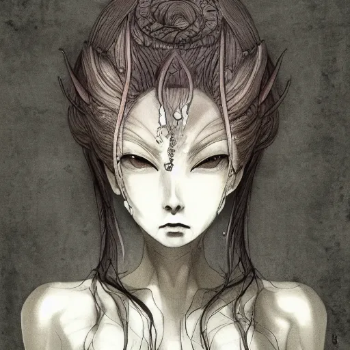 Prompt: portrait of Cthulu depicted as a woman, by Ryohei Fuke, Huke, by Nagasawa Rosetsu, personification, featured on pixiv, dystopian, digital painting, cold hue's
