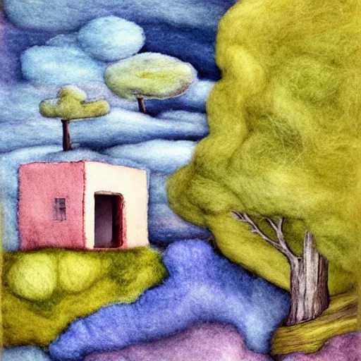 Image similar to small wooden house in the middle of spring forest, bright colours, watercolor, volumetric wool felting, macro photography, children illustration, by giorgio de chirico