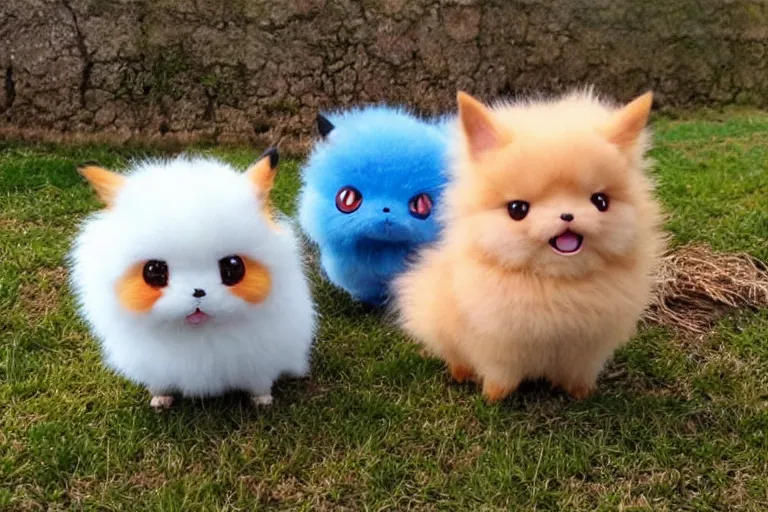 Image similar to real life pokemons, cute!!!, content!!!, mischievous!!!, adorable!!!, little furballs, fluffy!!!, ultra realistic!!!, golden hour, sharp focus