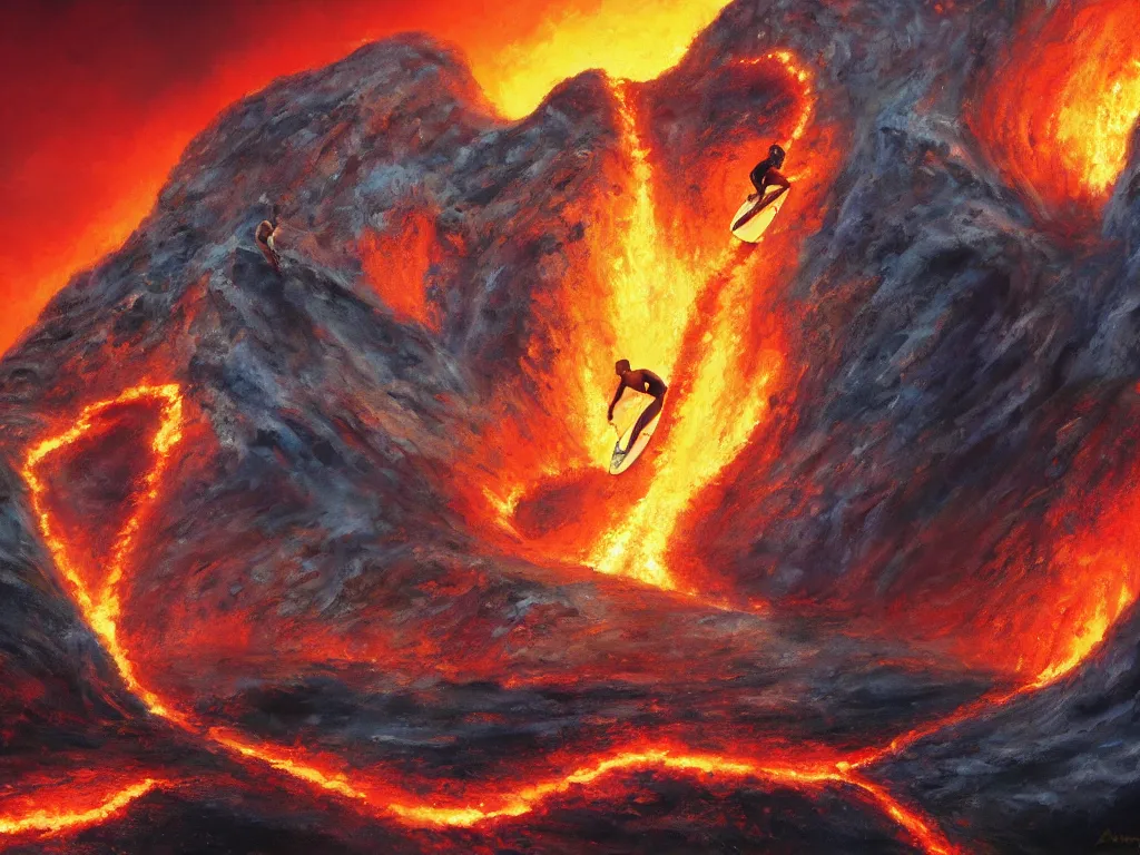 Prompt: arnold schwarzenegger surfing on lava from an erupting volcano by boris vallejo, stunning scene, 8 k, digital painting, hyperrealism, bright colors, trending on artstation