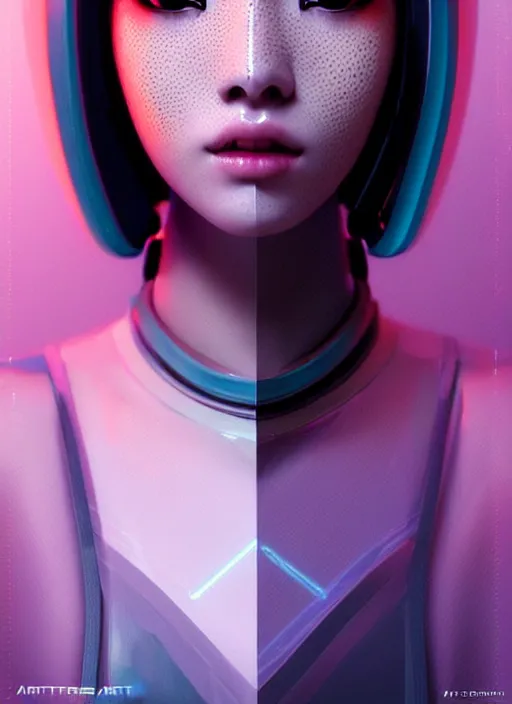 Image similar to photorealistic portrait of oriental female humanoid with freckle cheeks, cyber neon lightings, wide angle, highly detailed, cyberpunk high fashion, elegant, crispy quality, trending in artstation, trending in pinterest, glamor pose, no signature, no watermark, cinematic, octane render, art by artgerm, art by greg rutkowski, art by pascal blanche