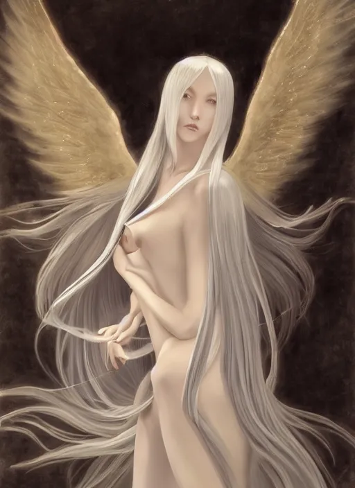 Prompt: thin angel with silver hair so pale and wan!, wearing robes, covered in robes, anime goddess manga, flowing hair, pale skin, young cute face, covered!!, clothed! oil on canvas, style of lucien levy - dhurmer and jean deville, 4 k resolution, aesthetic!, mystery