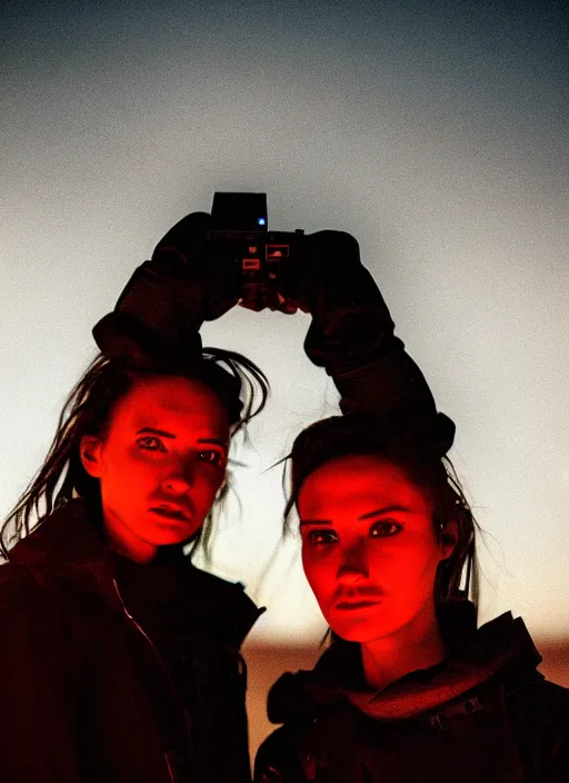 Image similar to cinestill 5 0 d photographic portrait of two loving female androids wearing rugged black techwear on a desolate plain with a red sky, extreme closeup, cyberpunk style, in front of a brutalist dark metal facility, dust storm, 8 k, hd, high resolution, 3 5 mm, f / 3 2, ultra realistic faces, ex machina