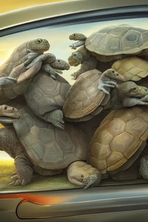 Image similar to tortoise kids crammed in the back of a car, roadtrip, oil on canvas, intricate, 8k highly professionally detailed, HDR, CGsociety