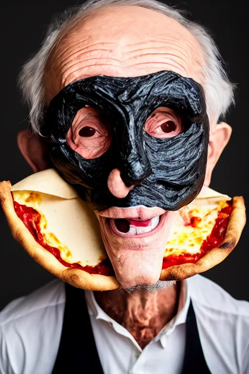 Image similar to portrait photo of an old wrinkled man, skinny face, bony face, long crooked nose, large gaping mouth, black pulcinella mask, masquerade mask, pointy conical hat, white wrinkled shirt, holding up a pizza, presenting a large pizza, close - up, skin blemishes, menacing, intimidating, masterpiece by paola agosti