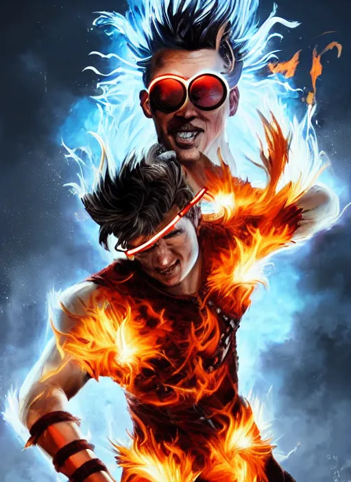 Prompt: An epic fantasy comic book style portrait painting of young man with red spiked long hair, using an orange lens googles. Wearing white shirt, a black waistcoat, brown pants and black boots. He is throwing a wild fire blast from his hands, with a vicious smile in face. Unreal 5, DAZ, hyperrealistic, octane render, cosplay, RPG portrait, dynamic lighting