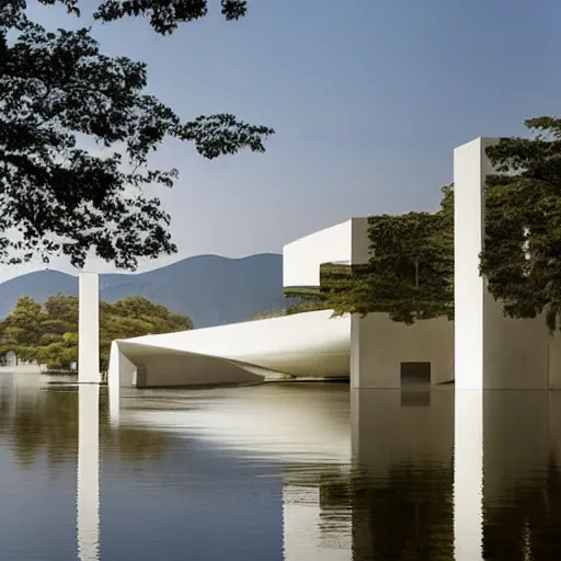 Prompt: a white art museum building with a fish shaped cell bubble structure on the surface of a beautiful lake. the interior is luminous. it was created by tadao ando and hiroshi shimajima - 5