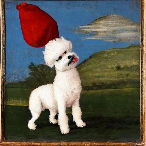 Prompt: bichon frise dog wearing a jester costume while standing on hind legs, medieval painting