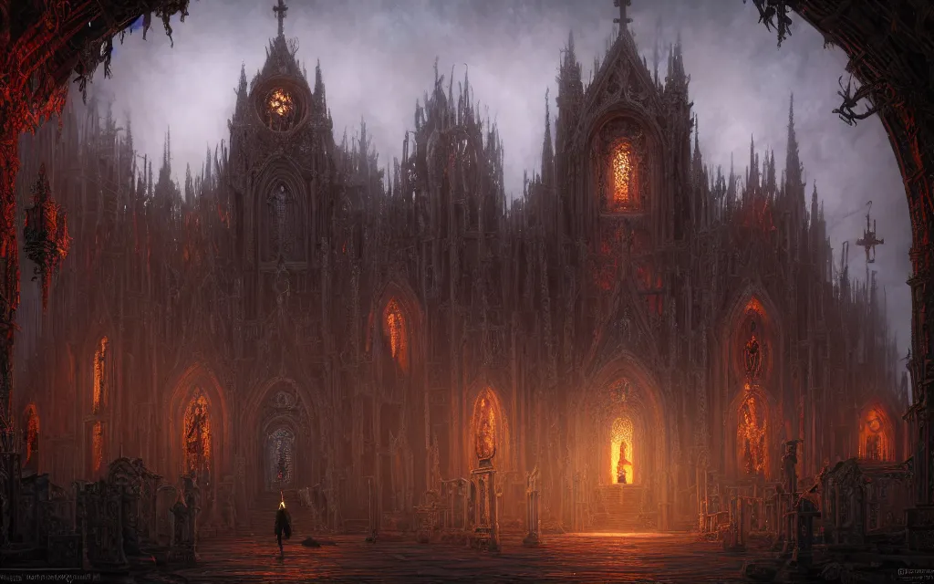 Prompt: center view of an extremely detailed render of hooded necromancer in front of a lovecraft church portal, intricate architecture, baroque detailed, unreal engine realistic render, 8 k, micro detail, design by android jones and greg rutkowski, gaston bussiere, craig mullins, synthwave color scheme, cinematic lighting, trending on artstation, vivid colors