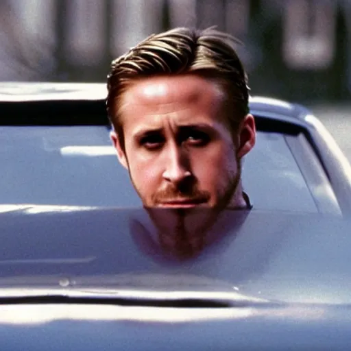 Image similar to ryan gosling driving a mustang, in american psycho ( 1 9 9 9 )