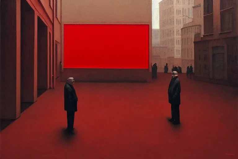 Image similar to only with red, a red old stylish man try to sell a portrait, crowd cheering, in a city square, in the style of beksinski, parts by edward hopper, parts by rodcenko, parts by yue minjun, intricate and epic composition, red by caravaggio, insanely quality, highly detailed, masterpiece, red light, artstation, 4 k