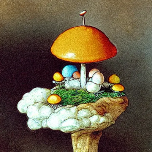 Prompt: toadstool with a fried egg cap. illustation by beatrix potter