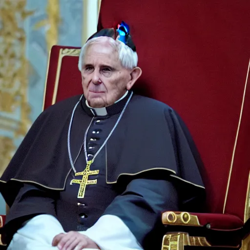 Image similar to sitting in big chair is pope benedict as chancelor palpatine in star wars episode 3, 8 k resolution, cinematic lighting, anatomically correct