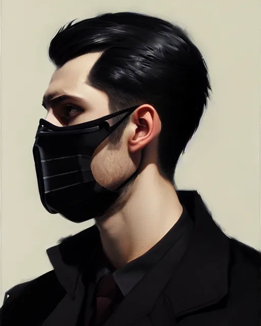 Image similar to a ultradetailed beautiful panting of a european young man wearing black medical mask and black long coat, by ilya kuvshinov, greg rutkowski and makoto shinkai, trending on artstation