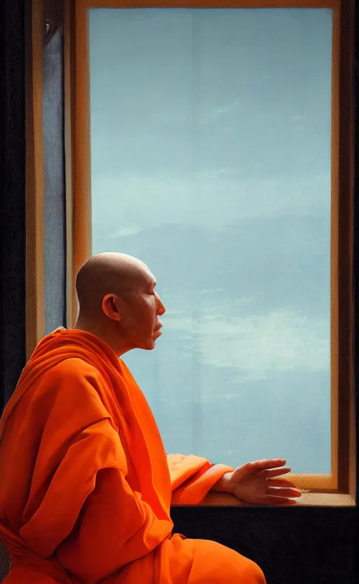 Prompt: portrait of a blind monk in a spaceship, looking out the window, orange robe, dramatic lighting, artstation, matte painting, johannes vermeer