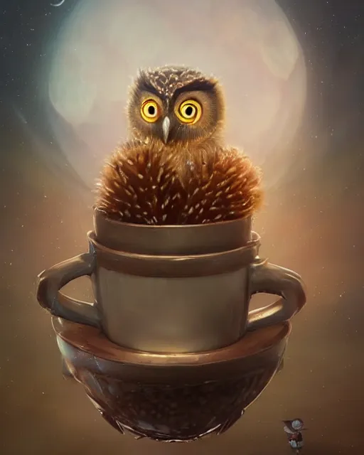 Image similar to long shot of a very cute owl chick nesting in a very futuristic cup, esao andrews, humorous illustration, hyperrealistic, big depth of field, warm colors, night scenery, low light, 3 d octane render, 4 k, conceptart, hyperdetailed, hyperrealistic, trending on artstation