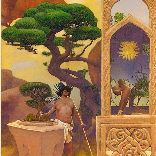 Image similar to Muscular African gardener cutting bonsai trees, grey Hair, idyllic Garden, by Annie Swynnerton and Nicholas Roerich and jean delville, glowing paper lanterns, strong dramatic cinematic lighting , ornate tiled architecture, lost civilizations, smooth, sharp focus, extremely detailed