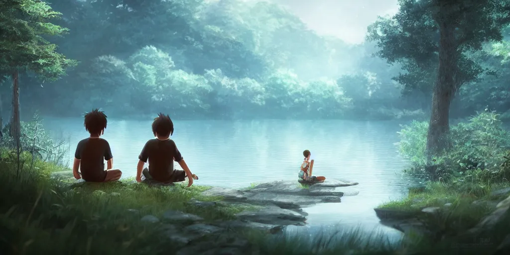 Image similar to a silver dragon and a boy sitting next to lake in forest, many fireflys, at night, concept art, dof, cryengine, digital art, detailed background, makoto shinkai