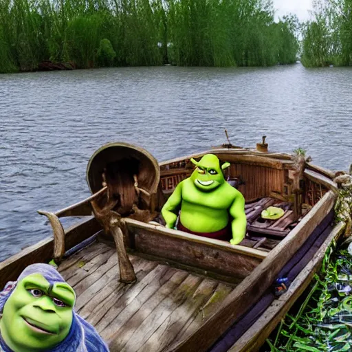 Prompt: shrek on a boat in a swamp