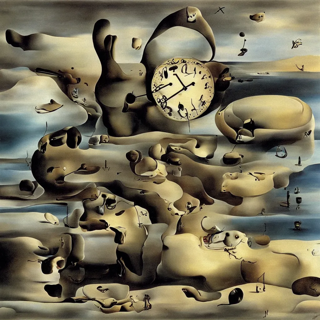 Image similar to baby harp seal and melting clocks, painting by salvador dali, surrealism