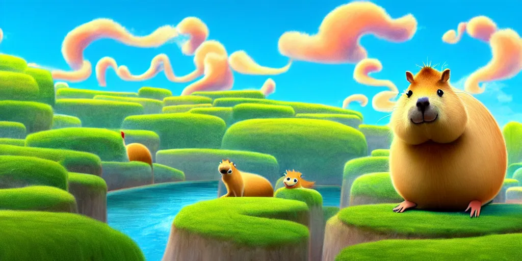 Image similar to cartoon concept art, capybara character, spiral clouds, from lorax movie