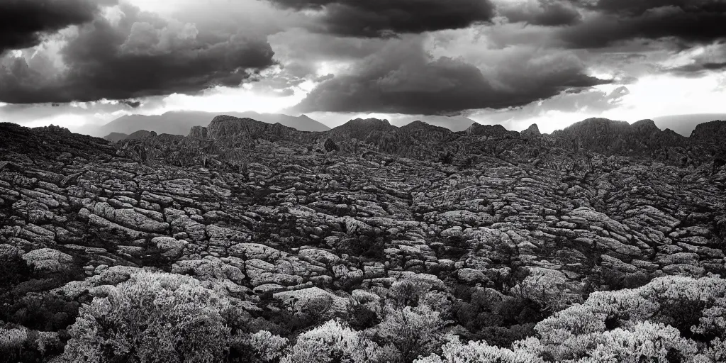 Prompt: landscape photography by ansel adams barren wasteland, sunset, mountains, dramatic lighting, stormy weather, beautiful