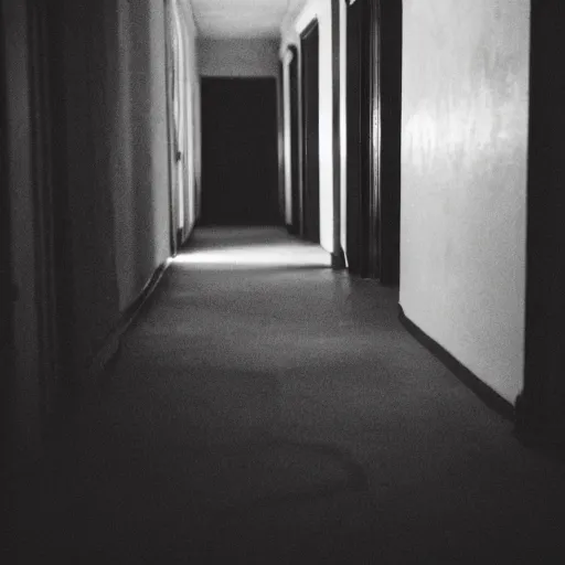 Prompt: I see shadows in the halls, dark ambiance, film grain, horror elements.