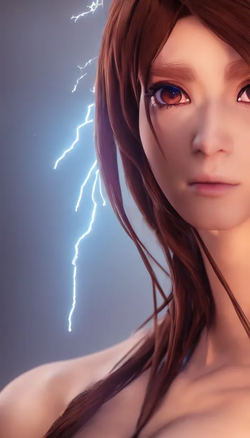 Image similar to render as a very beautiful 3d anime woman with short brown hair, blue eyes, heavy makeup, short smile, cinematic lightning, highly detailed, trending on Artstation, Unreal Engine 4k, cinematic wallpaper