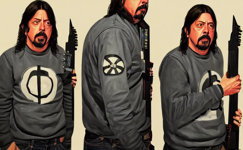 Prompt: dave grohl in gta v covert art painted by stephen bliss, centered, uncropped, full body, symmetrical face, crispy, trending on artstation, deviantart