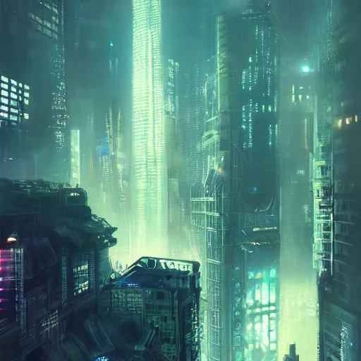 Prompt: cyberpunk shanghai in the night seen from below, cityscape, mist, rain, artstation, greg rutkowski, hq
