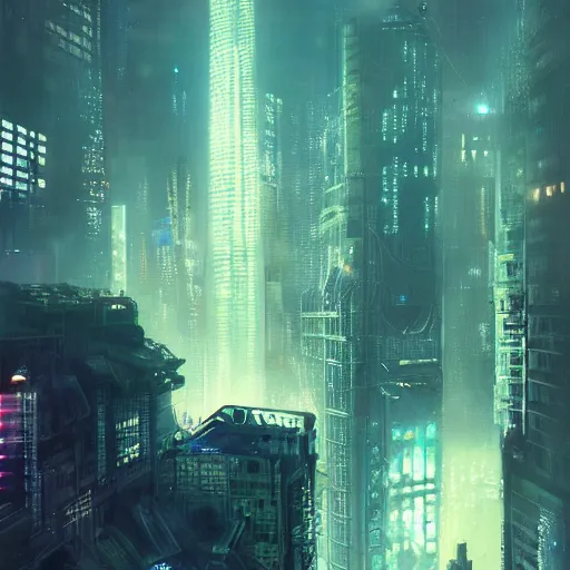 Image similar to cyberpunk shanghai in the night seen from below, cityscape, mist, rain, artstation, greg rutkowski, hq