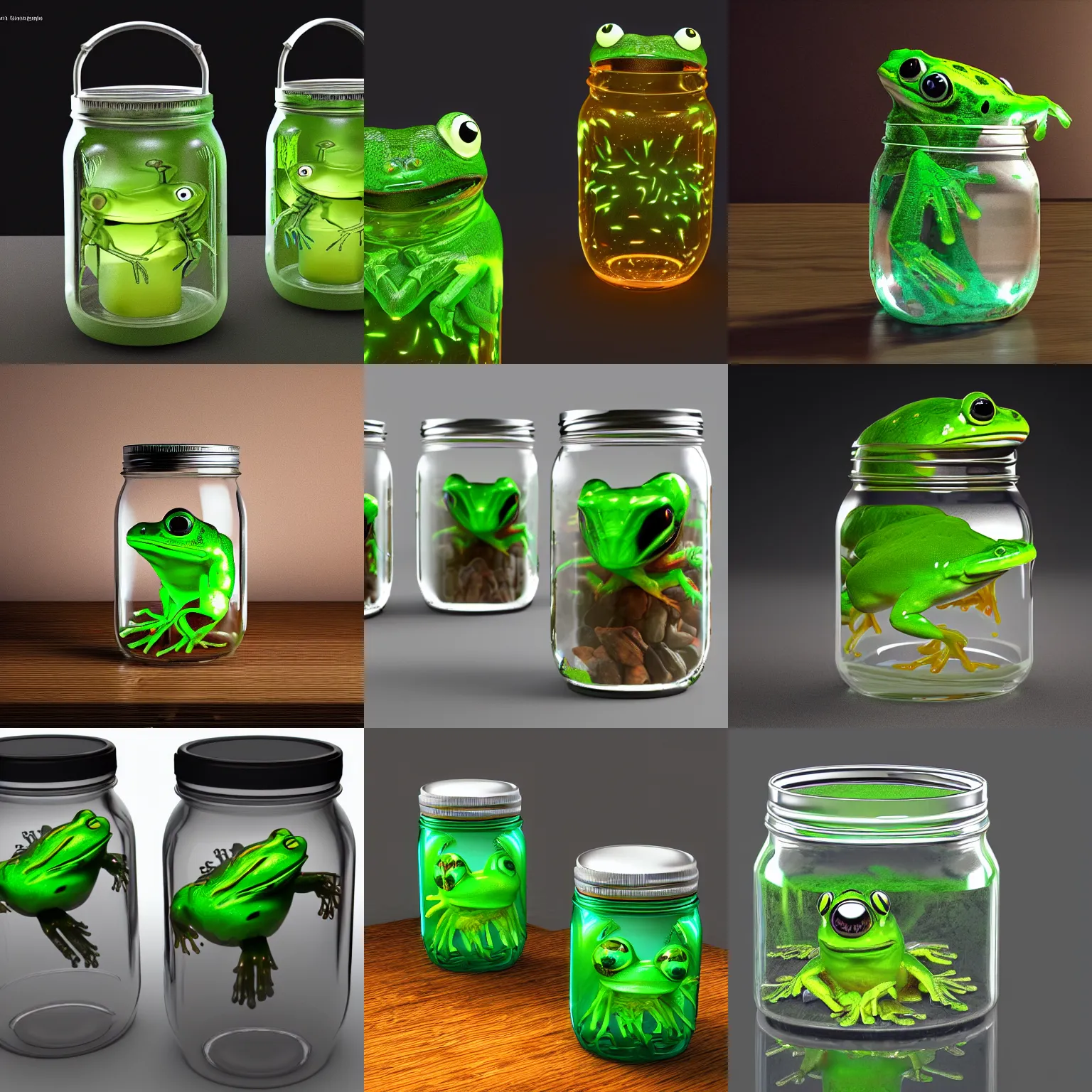 Prompt: mason jar filled with electric frogs, photorealistic, path tracing, vray