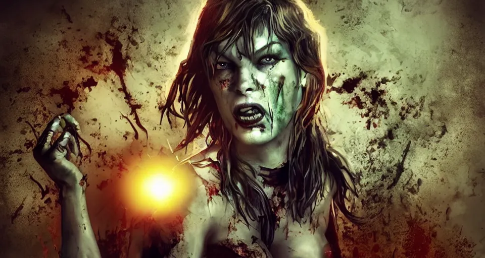 Image similar to angry zombie full body portrait of milla jovovich in an urban szene, grimdark horror, stylized digital illustration, radiating a glowing aura, global illumination, ray tracing, hdr, fanart arstation by ian pesty and katarzyna bek - chmiel