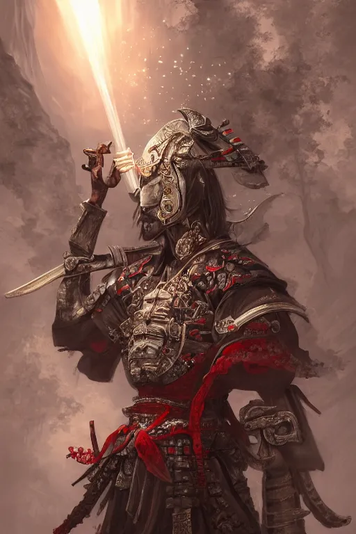 Prompt: a photographic portrait of a powerful samurai cloaked in white, carrying swords on his back, standing under a beam of light, a dark cave, ruby red sorrow, intricate, elegant, highly detailed, ornate, beautifully lit, ray traced, octane render by Peter Mohrbacher and Peter Gric