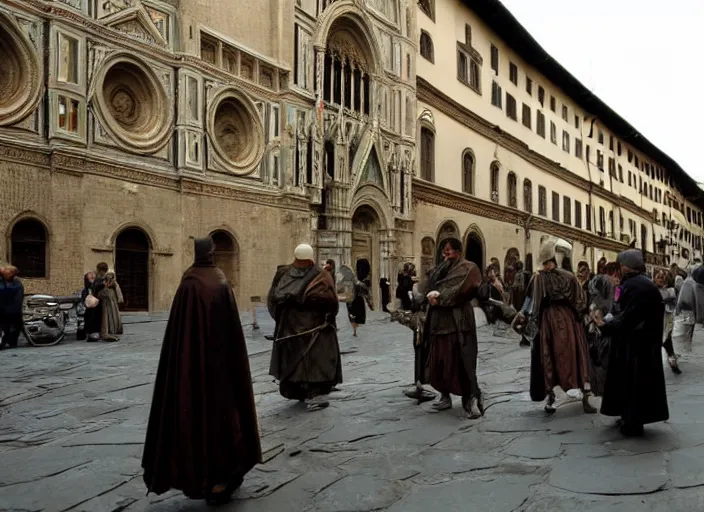 Prompt: street scene from a 2 0 1 0 film set in 1 4 5 0 showing florence italy