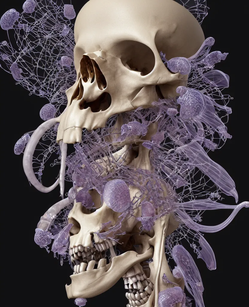 Image similar to goddess close-up portrait human skeleton, ram skull, skeleton, thorax, x-ray, backbone, jellyfish phoenix head, nautilus, orchid, skull, betta fish, bioluminiscent creatures, intricate artwork by Tooth Wu and wlop and beeple. octane render, trending on artstation, greg rutkowski very coherent symmetrical artwork. cinematic, hyper realism, high detail, octane render, 8k