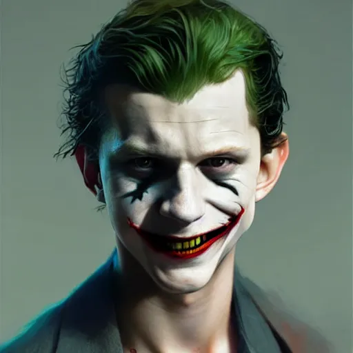 Image similar to tom holland as young joker, fine detailed face, long hair, stunning 3 d render inspired art by greg rutkowski and xiang duan and thomas eakes, realistic, highly detailed attributes and atmosphere, dim volumetric cinematic lighting, 8 k octane detailed render, post - processing, masterpiece,