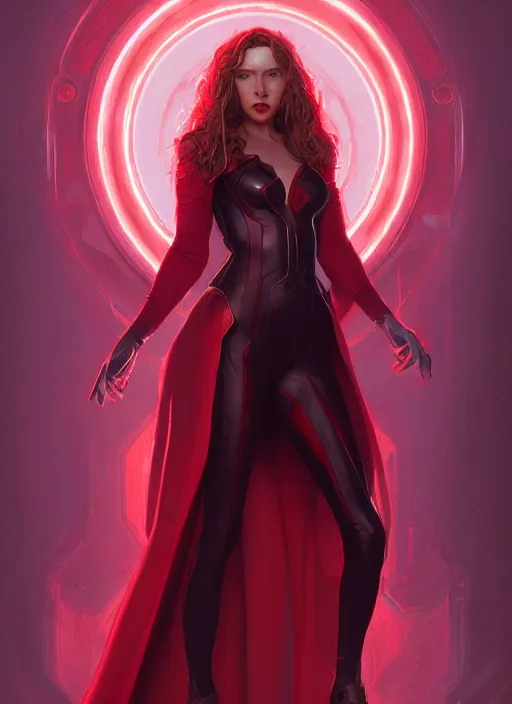 Prompt: Scarlet Witch, full body portrait, hyper detailed, digital art, trending in artstation, cinematic lighting, studio quality, smooth render, unreal engine 5 rendered, octane rendered, illustration, art by wlop and klimt and krenz cushart